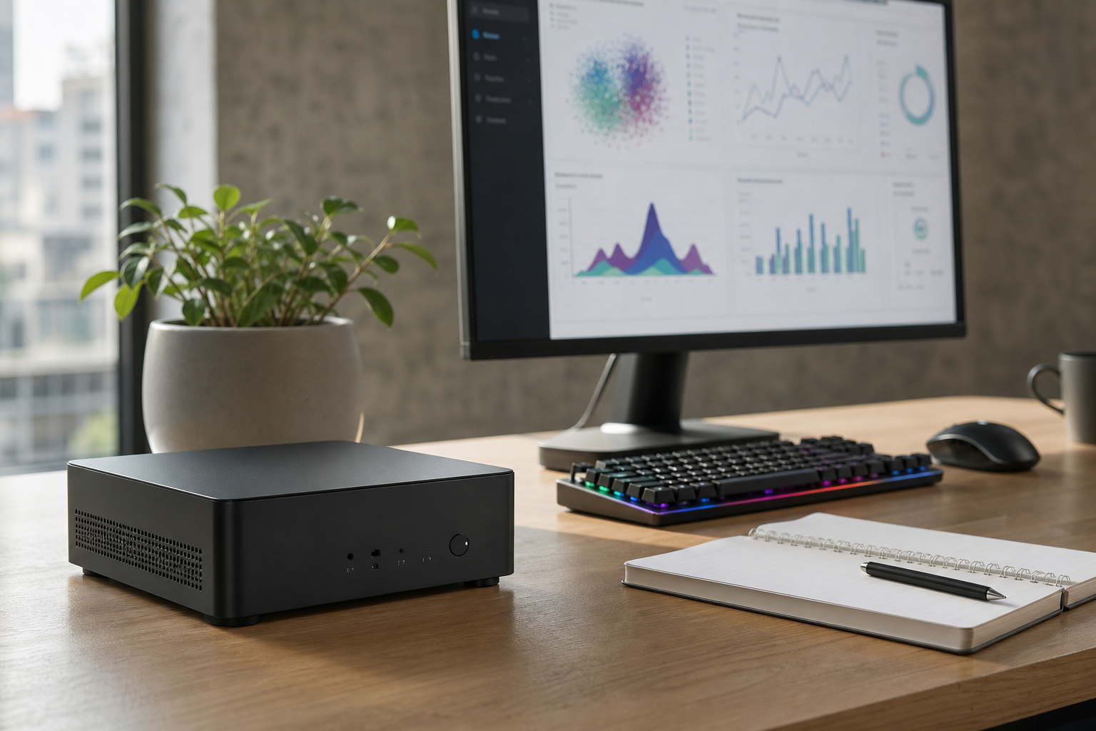 a mini pc on a desk with a decorative plant pot and a computer monitor
